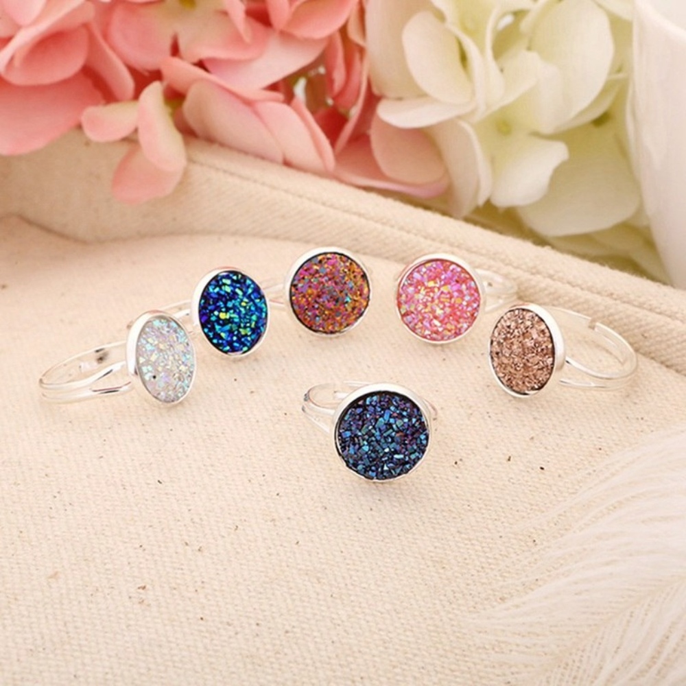Druzy White Chunky Crystal Adjustable Silver Ring - Picture 5 of 7